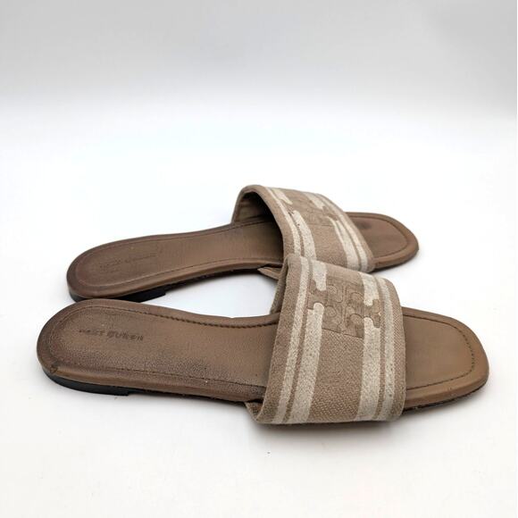 Tory Burch Double T Jacquard Slide Sandals Cammello/ash White Size US11M EU42 - Picture 3 of 12